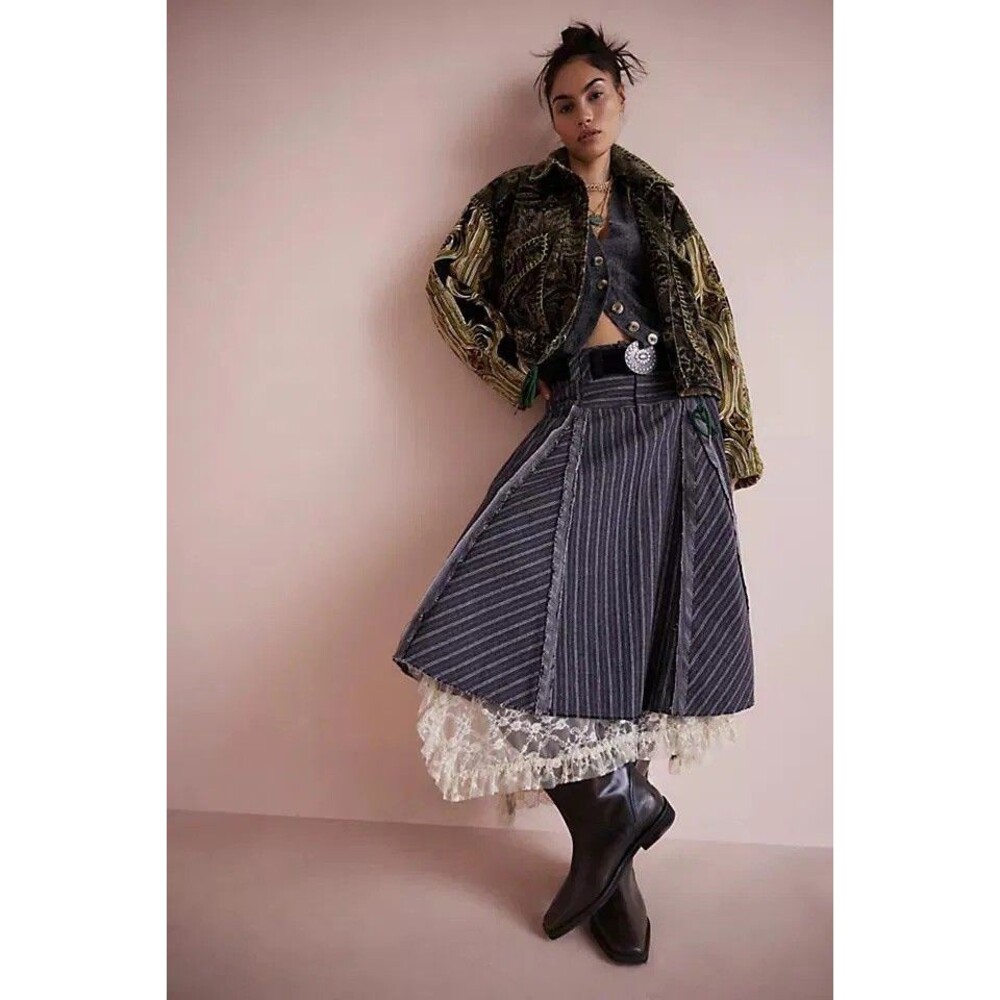 Free People Amelia Midi Skirt Pinstripe Gray US 12 NEW - Picture 6 of 6
